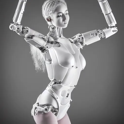 Image similar to beautiful centered fine art photo portrait of romantic beautiful girl as a solarpunk robotic humanoid, aluminum mechanical parts with led lights, ballet style pose, photorealistic, white background, highly detailed and intricate, soft box lighting, hdr 8 k