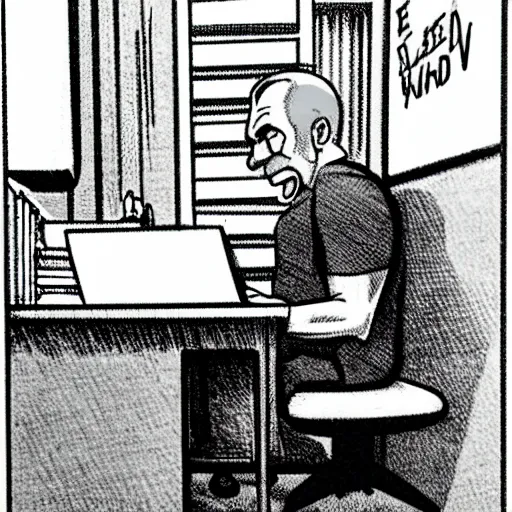 Prompt: tired man sitting behind a desk in a cubicle, papers stacked high by larry elmore