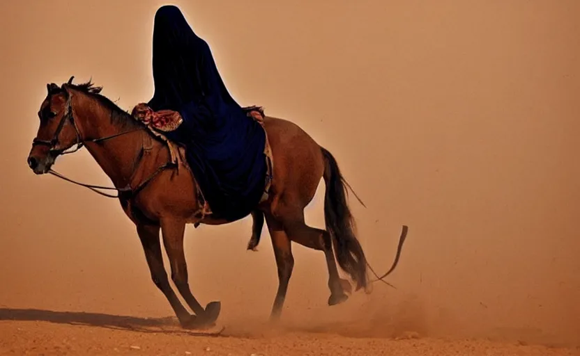 Image similar to beautiful burqa's woman, riding a horse!!! in saharan, sharp eyes, perfect dynamic posture, dust, cinematic, perfect dynamic pose, pinterest, very perfect position, award winning photo by national geographic, bokeh