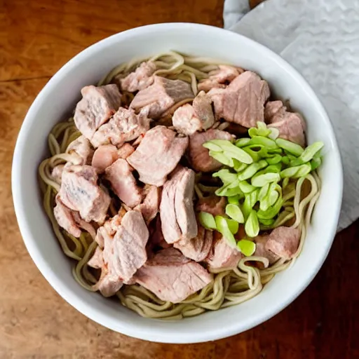 Image similar to white pink meat chunks noodles in styrofoam bowl,