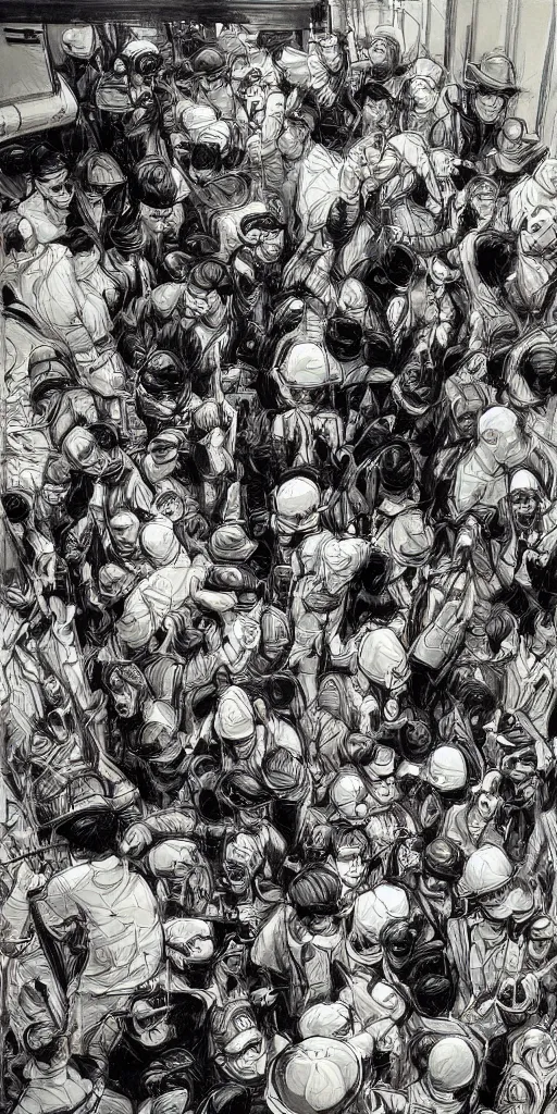 Prompt: oil painting scene from crowd in the elevator by kim jung gi