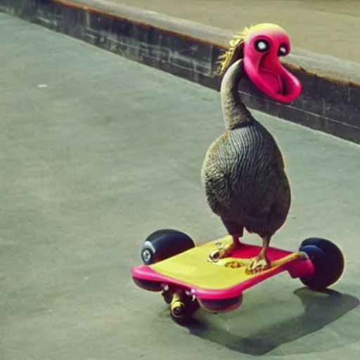 Image similar to a dodo with a gold chain around its neck, on a hover board at a skate park near the beach, 1990s cartoon