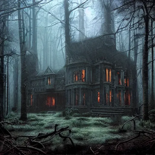 Prompt: abandoned Technologic villain mansion in the woods, very coherent symmetrical artwork, cinematic, dark, moody, foggy, by Ted Nasmith