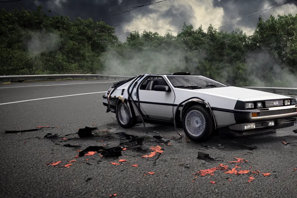 Image similar to ultra realistic delorean ae 8 6 drifting on touge highway wreckage, photo from space, dark cinematic, volumetric, realistic, 3 d render, realistic render, cinematic lighting, volumetric lighting, atmospheric, cinematic, unreal engine 5, unreal engine render, octane render, hd, photorealism, hyper realistic, 8 k