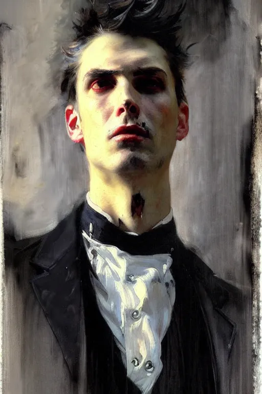 Image similar to impressionist brushstrokes!!!! giger and artgerm and richard schmid and jeremy lipking victorian loose genre loose painting full length portrait painting of a victorian male vampire