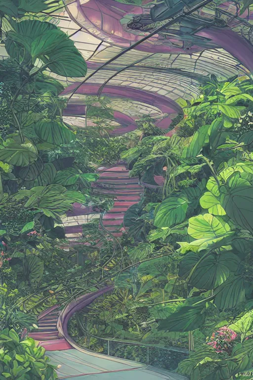 Image similar to concept art painting of a multi level botanical garden spaceship, artgerm, moebius, inio asano, toon shading, cel shading, calm, tranquil, vaporwave colors,