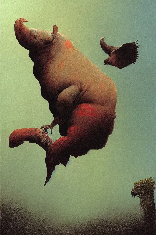 Image similar to painting of cross between rhino & parrot, intercrossed animal, by zdzislaw beksinski, by tiffany bozic, gradient background, concept art, beautiful composition, digital painting,