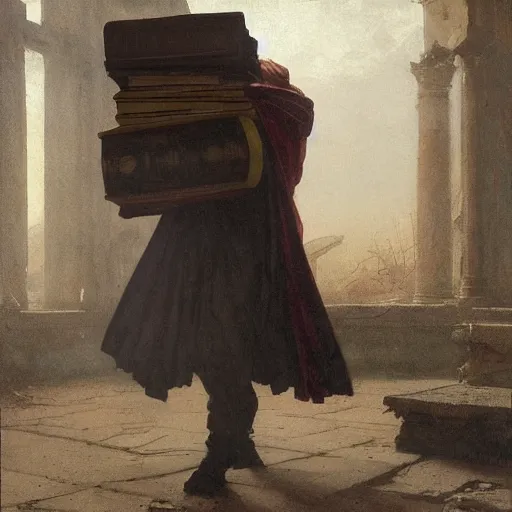 Image similar to half portait of magican wearing a closed cowl and carrying big old book! jeremy mann, jean leon gerome, tiepolo, alphonse mucha, greg rutkowski, face in the shadows, ( ( ruins of ancient rome ) ), at dusk, mysterious atmosphere, sunrays, dof, masterpiece, high detailed, 8 k