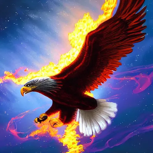 Image similar to eagle on fire in space, painting, Artstation