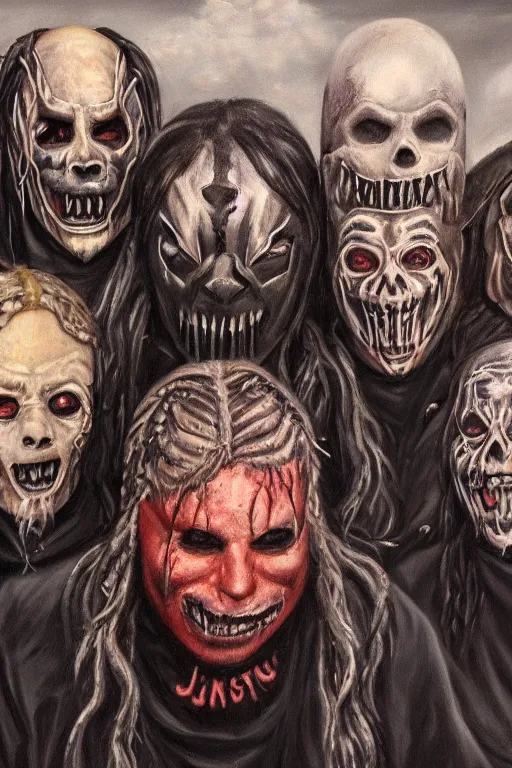 Image similar to a full body high detail fantasy portrait oil painting illustration of slipknot band by justin sweet with face and body clearly visible, in a scenic background, insane, realistic proportions, d & d, rpg, forgotten realms, artstation trending, high quality, sombre mood, artstation trending, muted colours, entire person visible!