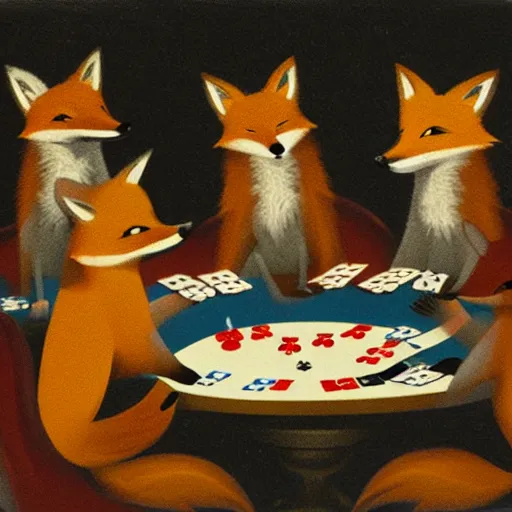 Prompt: a gang of foxes playing poker at night