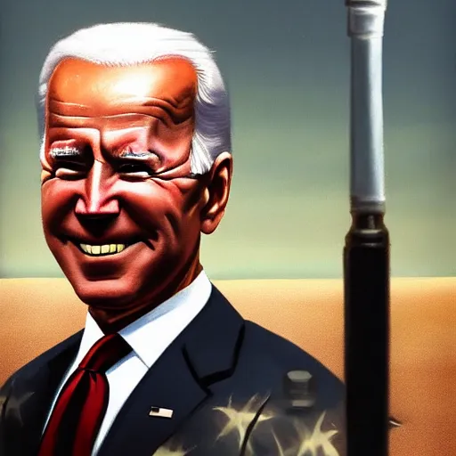 Image similar to oil painting Joe Biden with glowing eyes, looking stern, holding an RPG, in a desert landscape, epic, dark