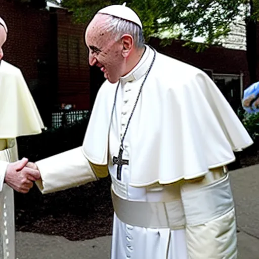 Image similar to the pope and a member of the crips street gang happily shaking hands in a chicago neighborhood, 8 k, very detailed, very intricate,