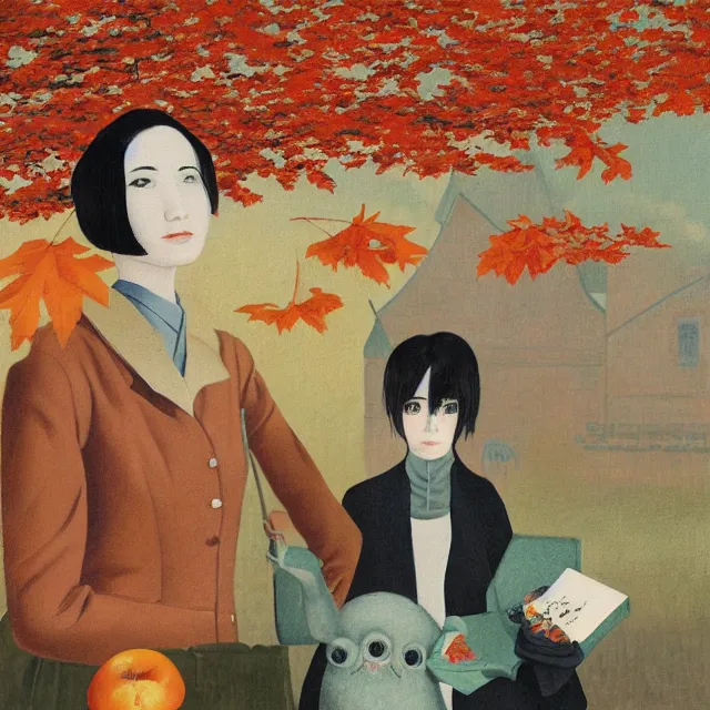 Image similar to tall emo girl artist holding small portraits and a persimmon on a train, on shinkansen in japan, odawara station, odawara castle, autumn leaves, pigs, octopus, acrylic on canvas, surrealist, by magritte and monet