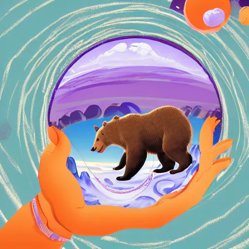 Image similar to cartoon illustration of a bear mascot being launched from a futuristic marble planet, purple and orange cloudland