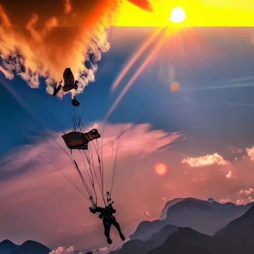 Prompt: A photorealistic image of a skydiver in freefall in front of Mourchevel mountains in astonishing sunset