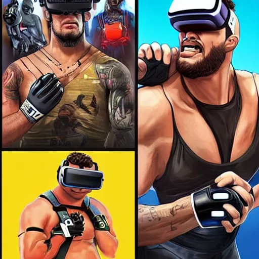 Image similar to cinematic poster art of wrestlers wearing vr headsets, gta cover, apex legends, tap out, halo, fortnite, ufc, digital illustration by basil gogos