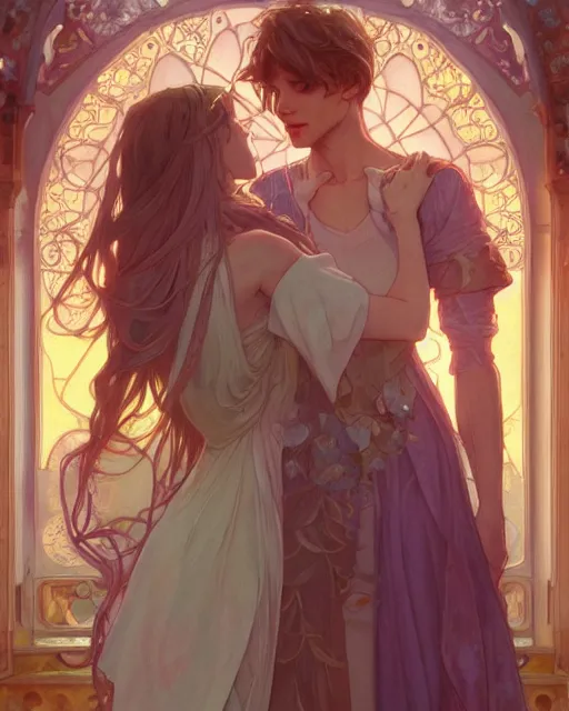 Image similar to secret romance, highly detailed, gold filigree, romantic storybook fantasy, soft cinematic lighting, award, disney concept art watercolor illustration by mandy jurgens and alphonse mucha and alena aenami, pastel color palette, featured on artstation