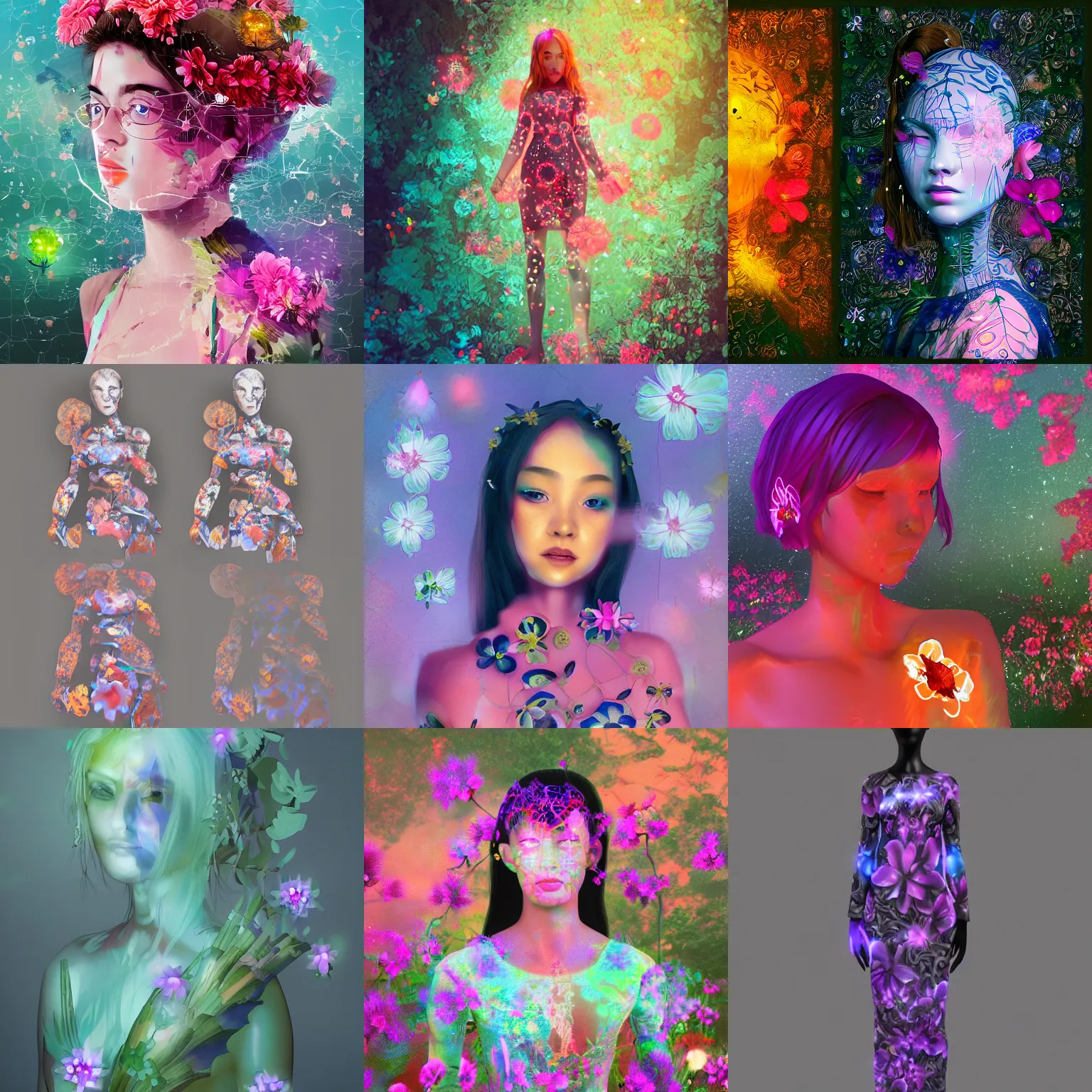 Prompt: art generated by an ai image generator who read this caption. tags : detailed, neural, self - aware, design your own avatar, lady with glowing flowers dress, matte painting, trending on artstation