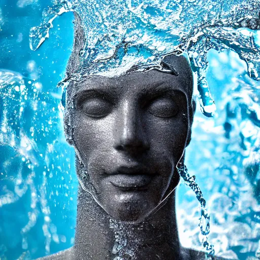 Image similar to spilling water creating a human head out sculpture of water, on the ocean water, ray tracing, realistic water sharp focus, long shot, 8 k resolution, cinematic, amazing water art