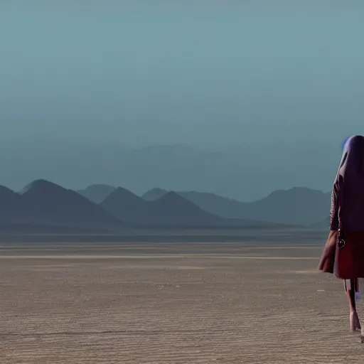 Prompt: a woman full-skin figure walks in the desert, in the distance you can see a futuristic city, hyperrealism, subsurface scattering, rim light, highly detailed, sharp focus