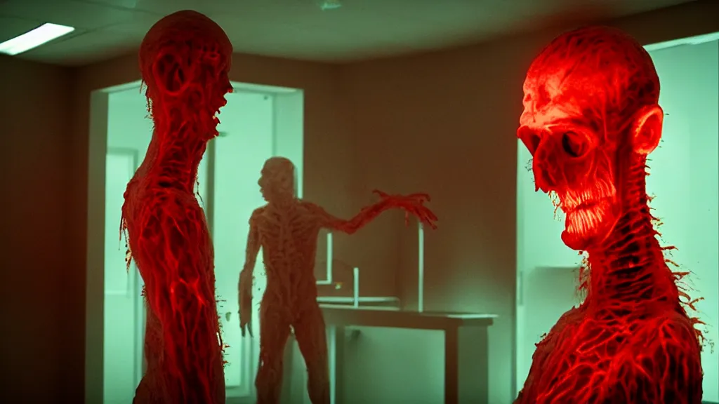 Image similar to the creature at the doctor's office, made of glowing wax and blood, they're concerned, film still from the movie directed by denis villeneuve and david cronenberg with art direction by salvador dali, wide lens