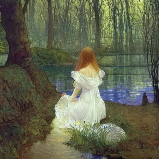 Prompt: a beautiful painting of the back view of a young lady in white dress sitting by the river in a grown forest, washing her dark long hair, sunlight reflected on the river, Mucha, Moebius, Mohrbacher