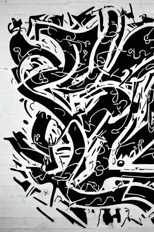 Image similar to a dragon formed by highly stylized letters, font design, wildstyle graffiti, black font on a white wall, beautiful render, stunning, 8 k, basquiat, complex pattern, sharp design, wow, cant believe it is real, street photo