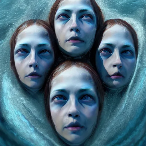 Prompt: a three headed sea hag, extremely detailed oil portrait, digital art, oil painting, cold blue tones, unreal 5 render, digital art, octane render, beautiful composition, trending on artstation, award winning photograph, masterpiece