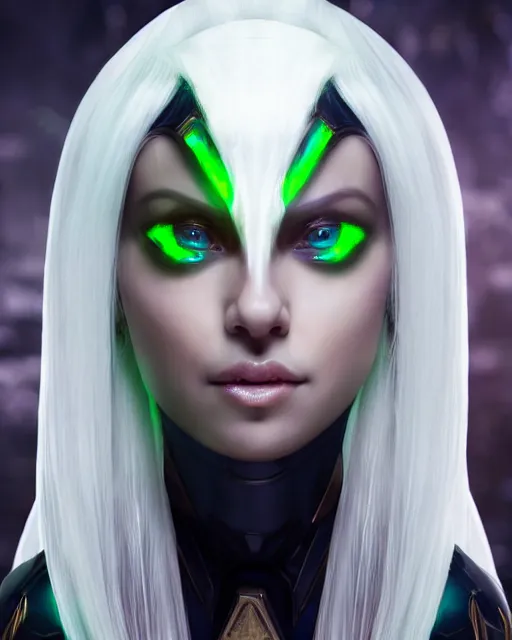 Image similar to perfect white haired attractive egyptian goddess, warframe armor, beautiful, symmetric, dreamy, half asian, pretty face, green eyes, charlize theron, detailed, scifi platform, laboratory, experiment, 4 k, ultra realistic, epic lighting, android body, illuminated, cinematic, masterpiece, art by akihito tsukushi, voidstar