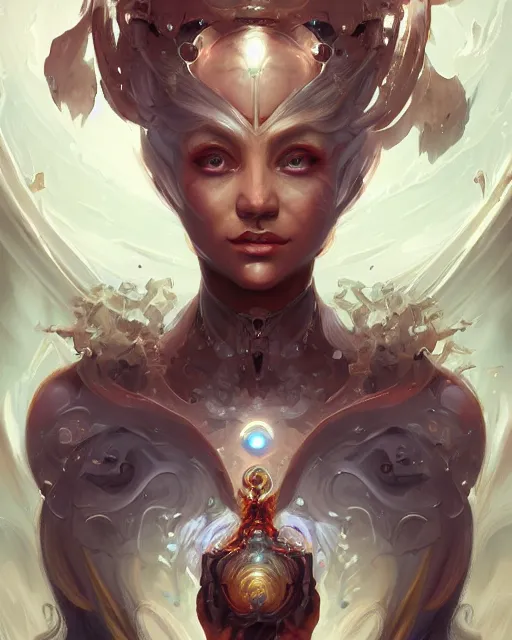 Image similar to portrait of a beautiful cybernetic emanation from angelarium, by pete mohrbacher and artgerm and wlop, digital art, highly detailed, intricate, fantasy, mystical, Trending on Artstation HQ, deviantart, unreal engine, 4K UHD image