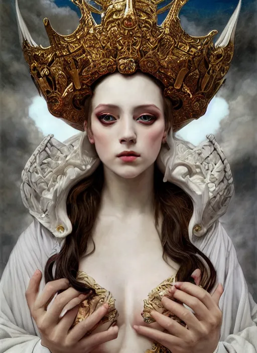 Prompt: white horns queen demon, elegant, wearing a royal robe, hyper realistic, intricate pattern texture, extremely detailed, dnd character art portrait, fantasy art,, dramatic lighting, vivid colors, artstation, by edgar maxence and caravaggio and michael whelan and delacroix, lois van baarle and bouguereau