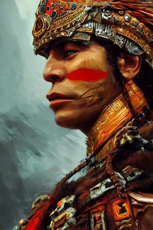 Image similar to aztec warrior, close - up portrait, fierce, intricate, elegant, volumetric lighting, scenery, digital painting, highly detailed, artstation, sharp focus, illustration, concept art, ruan jia, steve mccurry