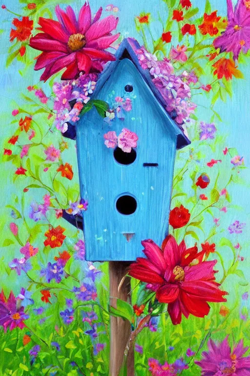 Prompt: a whimsical painting of a whimsical birdhouse with flowers, painted by Lilia Alvarado, trending on artstation,