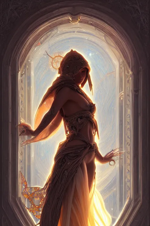 Image similar to painting of a shy hooded noon succubus in front of a dimensional portal, decorated, intricate, elegant, highly detailed, digital painting, artstation, concept art, smooth, sharp focus, illustration, art by artgerm and greg rutkowski and alphonse mucha, 8 k