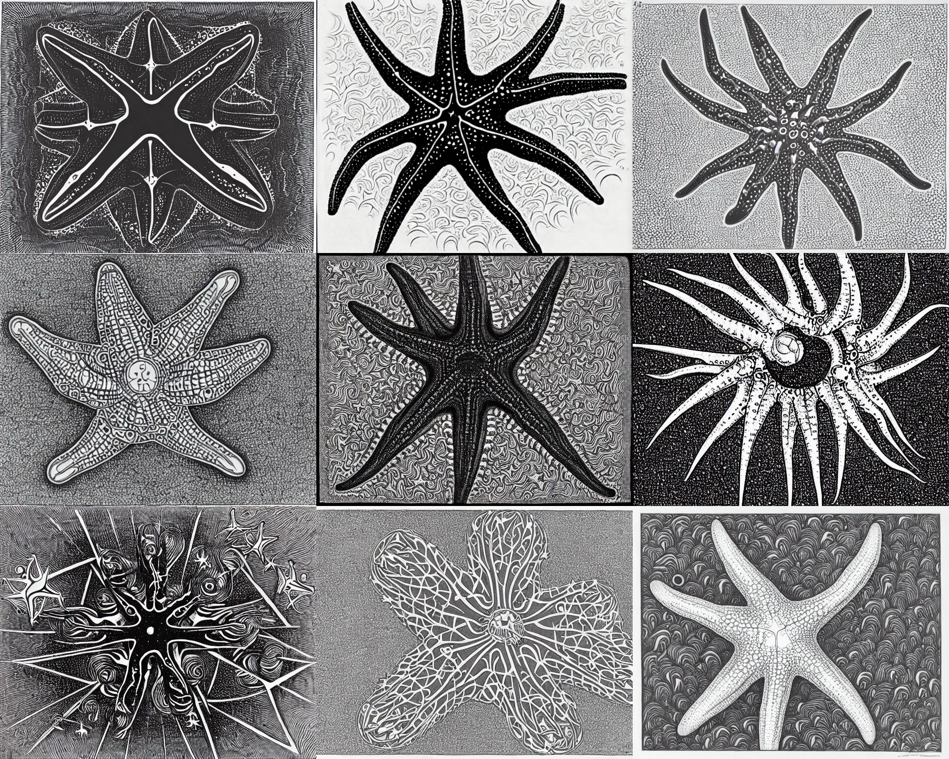 Prompt: a deep sea starfish floating in the void, drawn by m. c. escher and damien hirst and gustav klimt