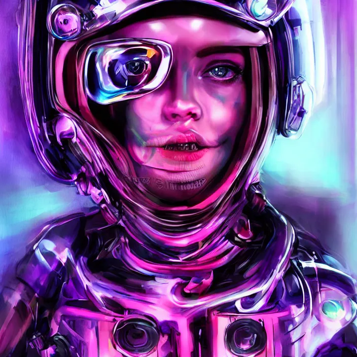 Image similar to biker girl in cybernetic helmet beautiful realistic symmetrical defined face, slight smile and open eyes, anatomically correct, cyberpunk, full portrait, high detail, realistic, synthwave neon pink and blue and red and purple and black