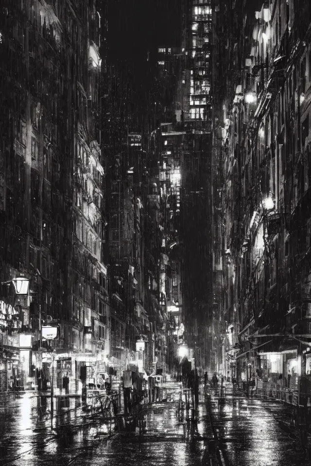 Image similar to city late at night under rain, dark