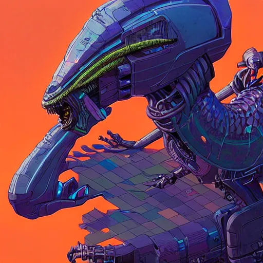 Image similar to A cyberpunk reptile cyborg on the street of a cyberpunk city art by Josan Gonzalez, sci-fi, highly detailed, digital painting, artstation, smooth, sharp focus, illustration, concept art by Josan Gonzalez and James Gurney and Mœbius