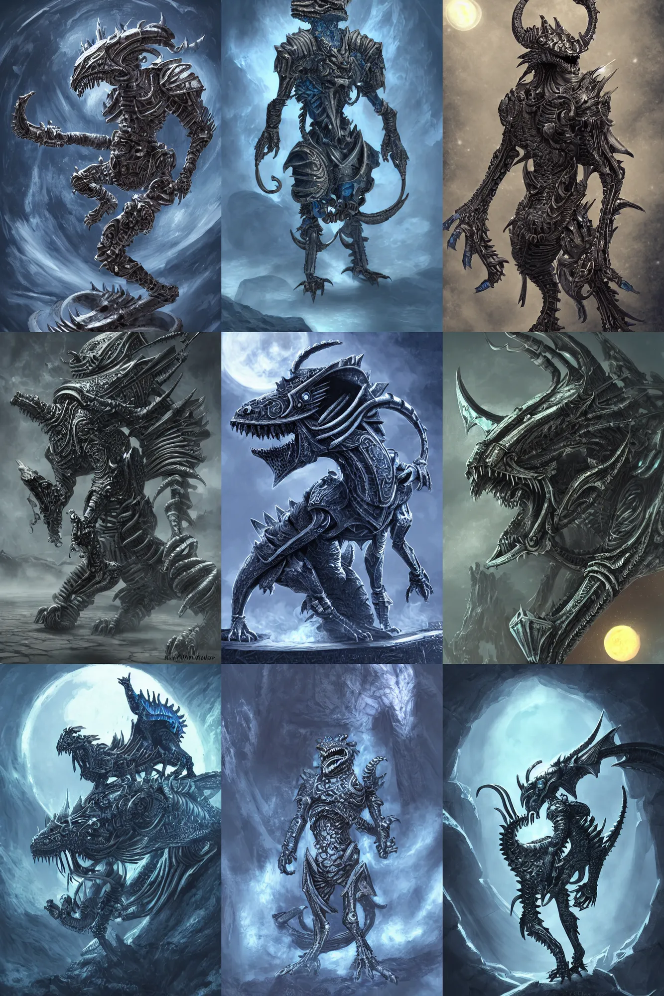 Prompt: snarling mechanical dragonborn with silver and blue color scheme standing in a smoking crater, biomechanical, highly detailed, intricate, full body single character, centered, moonlit night, good value control, high contrast, cinematic, illustration, concept art
