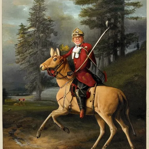 Image similar to portrait of carl xvi gustaf riding a moose into battle