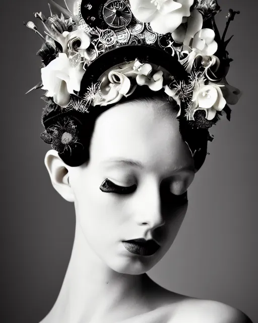 Prompt: a black and white high quality dreamy photo of a young beautiful female queen-pale dragon-vegetal-cyborg bust with a very long cyborg neck and a steampunk flower crown, elegant, highly detailed, poetic, soft, dreamy, mysterious, high fashion, in the style of Horst P. Horst, Metropolis, Realistic, Refined, Digital Art, Highly Detailed, Cinematic Lighting, rim light, black and white, photo-realistic, 8K