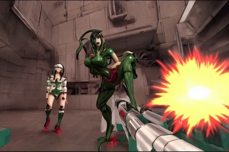 Image similar to an anime girl in a screenshot of the video game doom, the anime girl is crouching