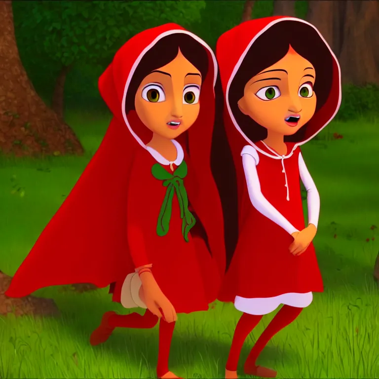 Prompt: Little red Riding hood portrait 85mm screenshot from a 2010s Indian animation studio, high quality, 4K