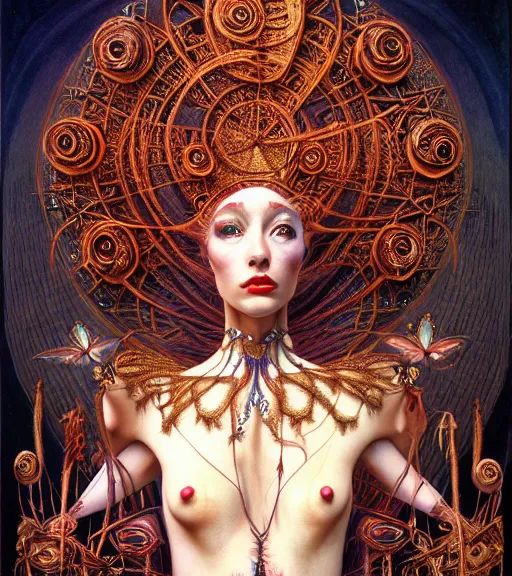 Image similar to symmetrical painting, a beautiful female succuba queen in dress, pretty, detailed and intricate, perfect body shape, perfect face, hypermaximalist, elegant, ornate, luxury, elite, matte painting, cinematic lighting, james jean, brian froud, wayne barlowe