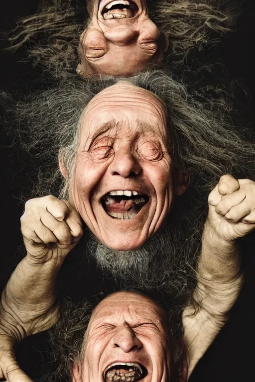 Image similar to a old laughing old man with 3 heads and 6 eyes, long hair, hanging upsidedown by annie leibovitz