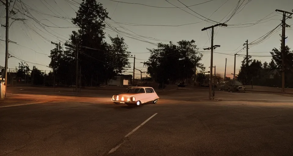 Image similar to a photograph of a car at an intersection with a person standing in its headlights by Gregory Crewdson