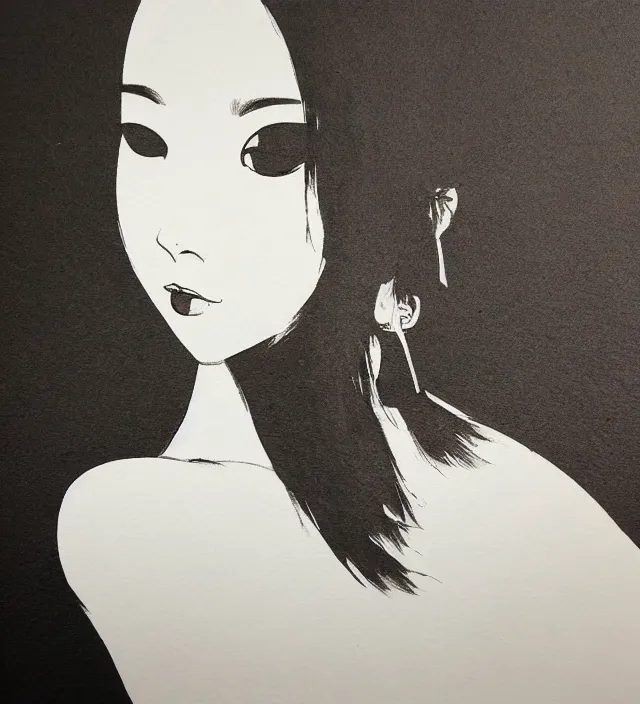 Prompt: taoist buddhist simple minimalist art brush ink painting of a beautiful girl portrait in squareenix miura kentaro sorayama noir style detailed trending award winning