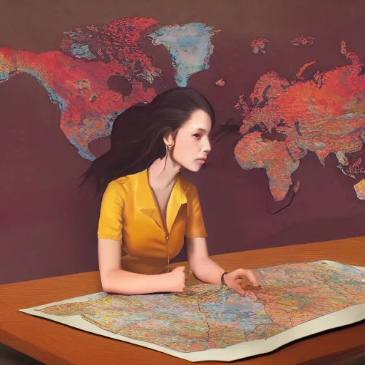 Image similar to a painting of a lady cartographer looking over a large paper map of psychedelic human consciousness. the map is resting on a wooden table. digital art painting featured on artstation