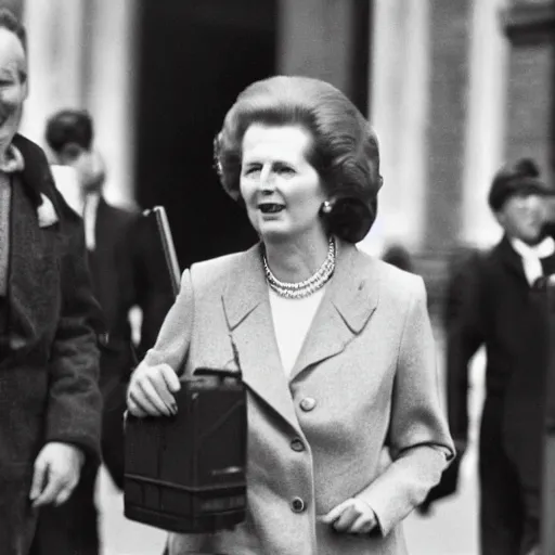 Image similar to Margaret Thatcher carrying a machine gun